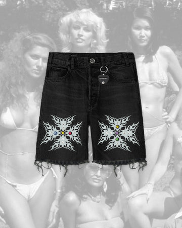 LIFTED ANCHORS "TABOO" JEWELED DENIM JORTS-BLACK (LA-SM25-28)