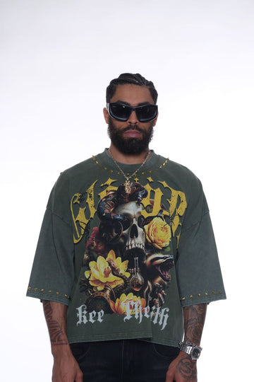 Stray wide & crop fit w/ 3/4 sleeve tshirt (ST1368-DKG)