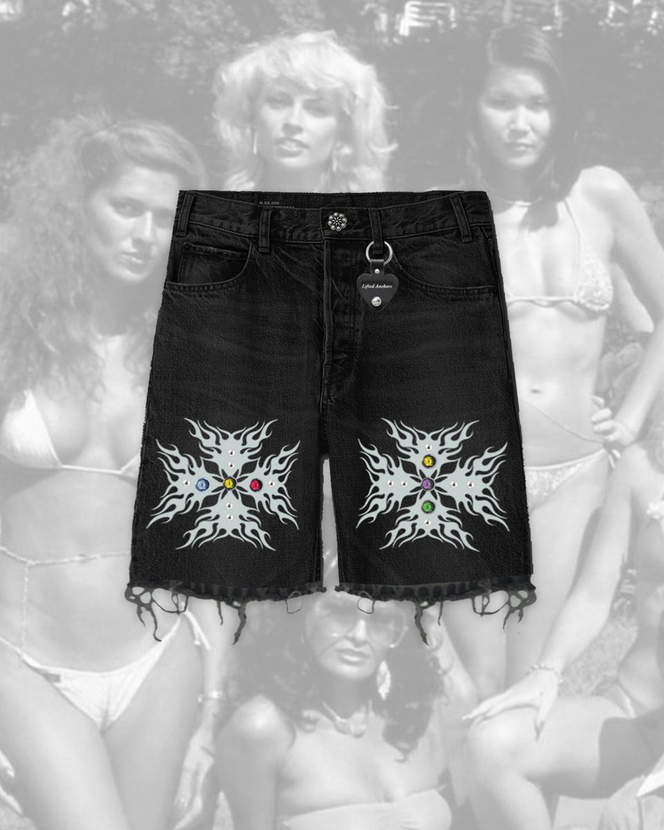 LIFTED ANCHORS "TABOO" JEWELED DENIM JORTS-BLACK (LA-SM25-28)