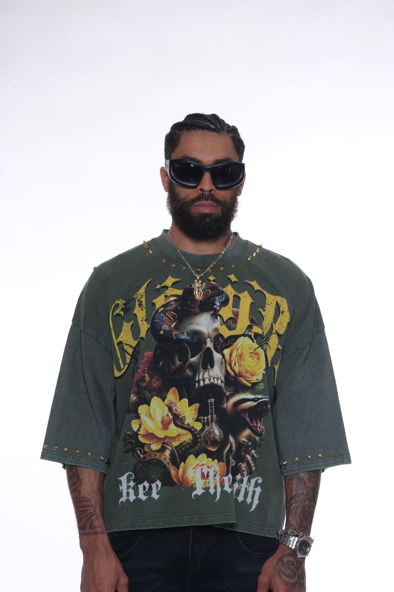 Stray wide & crop fit w/ 3/4 sleeve tshirt (ST1368-DKG)