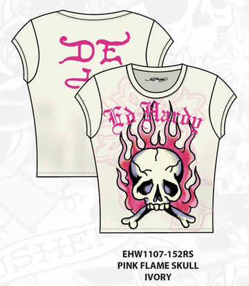 ED HARDY PINK FLAME SKULL RHINESTONE CAP SLEEVE TEE (EHW1107-152RS)