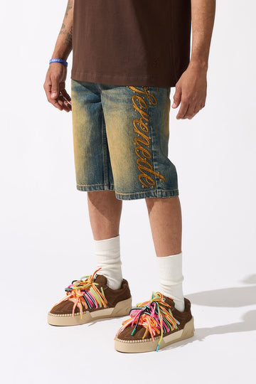 serenede Side Script Dark Denim Shorts (SCRIPTJRTS)